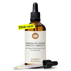SUNDAY NATURAL DHA Omega 3 Algae Oil Vegan - High Dose 1,000 mg Omega 3 EPA DHA - 100 ml - Natural Lemon Flavour - Triglyceride Form - Laboratory Tested in Germany, without Unnecessary Additives