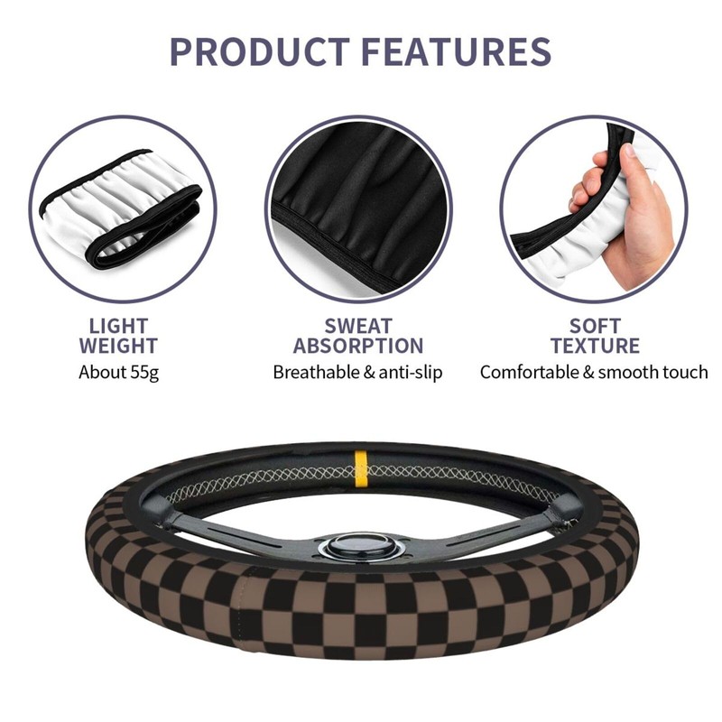 Black Brown Checkered Steering Wheel Cover Universal 15 Inch, Non