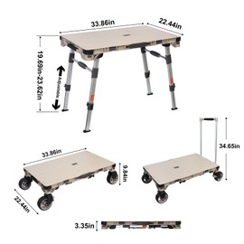 LEADALLWAY 3-in-1 Multi-Purpose Camping Table Wagon Portable Outdoor Platform Truck, Dolly & Utility Cart with 5.4" Wheels