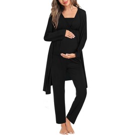 SWOMOG Women Maternity Nursing Pajamas Sets 3 Piece Breastfeeding Robe 3 in 1 Labor Delivery Sleeveless Pregnancy Pjs & Pants Black
