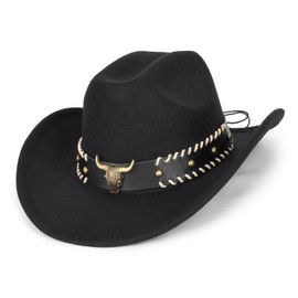 Western-Cowboy-Hat for Women Men Wide Brim Cowgirl Fedora Hats with Bull Head Band Decoration (S-M)