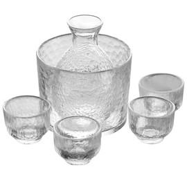 WINAKUI Glass Sake Set, Japanese-style Sake Pot Decanter with 4 Sake Cups for Keeps Sake at Perfect Temperature, Include 1 Warming Bowl 1 Sake Bottle 4 Cup