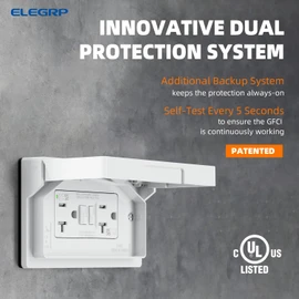 ELEGRP Horizontal Outdoor GFCI Outlet with Cover, Weather Resistant GFCI Receptacle and Wall Plate, 20 Amp Self-Test GFI Outlet, Thinner Design Ground Fault Receptacle, UL Listed, Matte White, 1 Pack