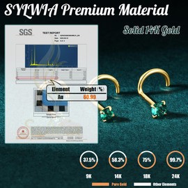 SYLWIA 14K Real Gold Nose Studs, 20g 18g L Shaped Nose Rings, Simulated Emerald Diamond CZ - 2mm 2.5mm 3mm, Hypoallergenic Corkscrew Nose Ring Piercing for Women Men (18g,2.5mm Green CZ)