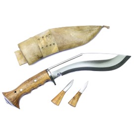 ESK Handmade Iraqi Kukri Knife |8 Inch Blade Carbon Steel Khukri - 5 Inch Rosewood Handle with White Leather Sheath and Two Small knives - Handmade in Nepal