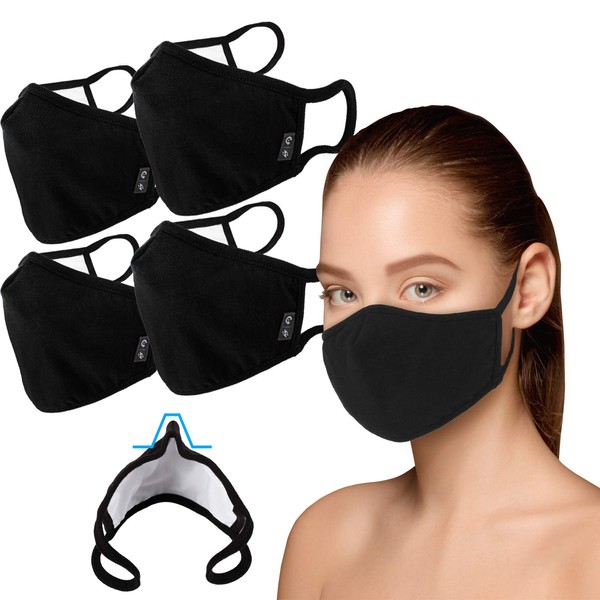 4 Pack Face Mask Cloth Reusable Washable Cover Triple Layer Shield Nose Bridge EU0308 Black