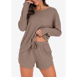 PrinStory Womens Waffle Knit Pajama Sets Long Sleeve Top and Shorts Matching 2 Piece Lounge Set Loungewear with Pockets Khaki-S