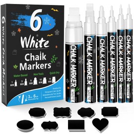 White Window Chalk Markers Pen: 6 Pack White Glass Marker, Liquid Chalk Marker for Chalkboard Signs, Car Window Paint Marker Pen for Bistro, Jars, Erasable, Non-Toxic, 5 Nib Sizes (1, 3, 6, 10, 15mm)