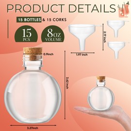 Jinei 15 Packs 8 oz Ball Shape Plastic Sand Art Bottles with Lids Spherical Clear Potion Bottles with Funnel Christmas Cocktail Ornament Candy Jar for DIY Birthday Party(Wooden Cork,Wood Color)