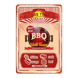 QIYAODECO BBQ TIME Best Meat BBQ Ingredients Pollo, carne de carne, carne de salchicha, carteles de estaño clásico para exteriores de metal retro – Divertido letrero de parrilla desgastado para