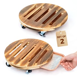 Bamworld Rolling Plant Stands with Wheels Plant Caddy with Wheels Planter Stand 12 Inch Pot Stand 2 Pack Plant Dolly with Drainage Tray Durable Wooden Design for Indoor Outdoor Use