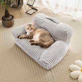 Sofa Shaped Cat Bed, Bolster Sides Small Dog Sofa, Modern Mini Dog Couch Bed, 28 x 20 x 15 Inch, White Lazy Sofa Bed for Puppy with Washable Cover