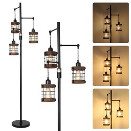 Airposta Dimmable Floor Lamps for Living Room, 3-Light Industrial Floor Lamp with Wood & Metal Cage, Farmhouse Standing Lamp Tall Tree Lamp for Bedroom Office, Rustic Black Tall Floor Lamp for Corner