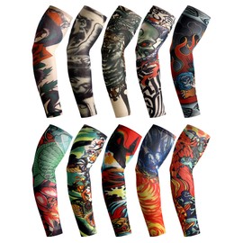 Boao 20 Pcs Men's Cooling Arm Sleeves Long Fingerless Arm Cover Anti Slip UV Protection Sun Temporary Tattoo Sleeves(Medium,Bright Style)