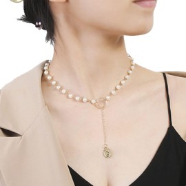 Aneneiceera Simple Coin Pendant Y Necklace Gold Pearl Necklace Link Chic Beaded Chain Boho Necklace Jewelry Party Nightclub Gifts Wedding Jewelry for Women and Girls