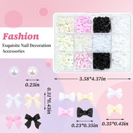 LuckForever 12 Gird 3D Bow Nail Charms Acrylic Nail Decoration Kit Cute Nail Bow Charm Gold Silver Pearl Beads Flower Pink White Nail Charm Black Bow Accessoires Resin Crafts Makeup Supplies