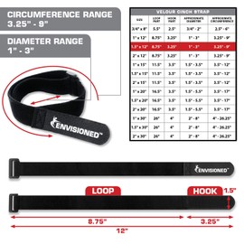 Velour Cinch Straps 1.5" x 12" - 6 Pack, Soft Touch Microfiber Reusable Hook and Loop - Plus 2 Free Bonus Reusable Cable Ties