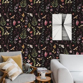 Boho Watercolor Peel and Stick Wallpaper Plant/Flower/Butterfly/Bee Contact Paper Removable Waterproof Wallpaper Floral Decorative Vinyl Self-Adhesive Wallpaper for Living Room Bedroom 17.71" X 236.2"