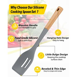 Pack of 2 Large Silicone Cooking Spoons, Heat Resistant Non Stick Kitchen Utensils with Wooden Handle, Ideal for Mixing, Stirring, Serving, Cooking(GRAY)