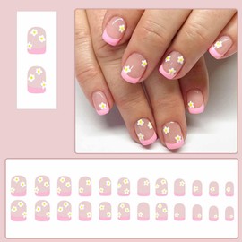 LBPEPAMZ 24Pcs Flower Press on Nails Short Square Fake Nails Pink French Tips Acrylic Nails False Nails Spring Floral Stick on Nails Pink Nude Full Cover Glossy Glue on Nails for Women Manicure Decor