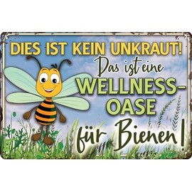 Weatherproof 30 x 20 cm Tin Sign - No Weeds / Wellness Oasis - with Funny Saying for Nature Lovers and Bee Fans