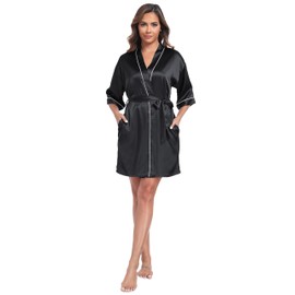iFigure Women Satin Robes Short Silk Kimono Robe Lightweight Bridal Party Robes Bride Bridesmaids Ladies Loungewear Sleepwear, Black, L