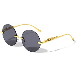 Dweebzilla Jaguar Rimless Round Metal Frame Luxury Sunglasses (Gold Frame, Black Super Dark Lenses)