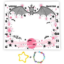 SSCSTS Bat Baby Milestone Blanket for Boy or Girl, Watercolor Pink Moon Cloud Photography Background, Monthly Age Growth Chart with Frame, Baby Shower Newborn Mom Gifts, Large 48x40in BTDWSS177