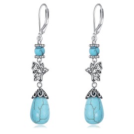 VONALA Butterfly Turquoise Leverback Earrings 925 Sterling Silver Dangle Vintage Hook Drop Earrings Bohemian Ethnic Retro Jewellery Gifts for Her Women Girls