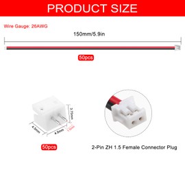 Lyeteung 50 Sets JST 1.5 ZH 2 Pin Connectors, Mini Micro JST 1.5 mm 2-Pin Male with 150 mm 26AWG Cable & Female (Red Black)