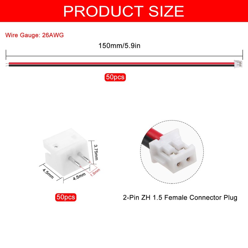 Lyeteung 50 Sets JST 1.5 ZH 2 Pin Connectors, Mini