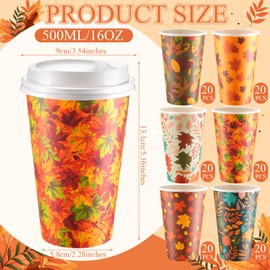 Sunnychicc 120 Pcs Fall Disposable Coffee Cups with Lids 16oz Maple Leaves Paper Cups Beverage Drinking Cup for Thanksgiving Harvest Autumn Party Restaurant Travel Business Supplies, 10 Styles