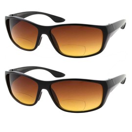 2 Pair Bifocal Sun Reader Sport and Wrap Around Reading Sunglasses - Amber Tint Great for Driving and Fishing - Men and Women (2 Black, +1.00)