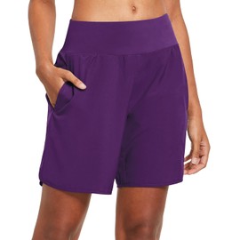 BALEAF Womens' 7 Inches Long Running Shorts Back Zipper Pocketed Athletic Active Exercise Shorts with Liner Purple Size M