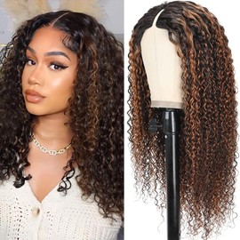 Ainmeys Curly V Part Wigs Ombre Brown V Shape Wigs for Black Women No Leave Out Lace Front Wigs Upgrade U Part Wigs Glueless Full Head Clip In Half Wigs(#FB30 16IN)