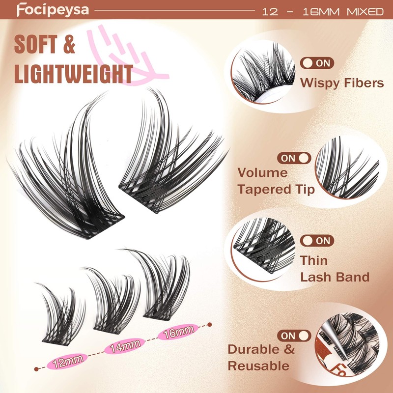 Focipeysa Wispy Lash Clusters Fairy Lashes 12-16mm Eyelashes Clusters Natural