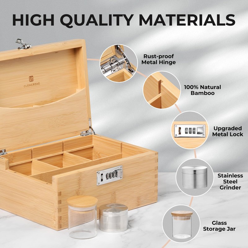 GLENCREAG Stash Box with Rolling Tray, Smell Proof Large Bamboo