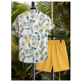 VIPWOLF Men's 2 Piece Short Sets Outfits Button Down Floral Shirts and Drawstring Waist Shorts Tracksuits Green and Yellow Large