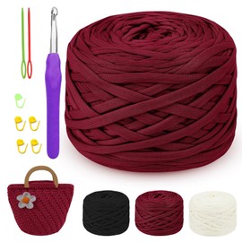 MeYuxg 285 g/80 m T-Shirt Yarn, T-Shirt Yarn for Crochet for Beginners, T-Shirt Yarn with 5.0 mm Crochet Hook, Textile Yarn for Crochet Bags, Carpets, Dolls, Cushions and Wall Hangings (Rosso)