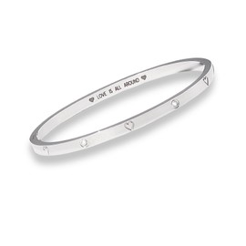Peach Bomb Women's Silver Bangle Bracelet with Cubic Zirconia Round Sparkling Stones and Heart Details. Love is All Around Message Engraving on Inside. Gift Box Included (Bangle)