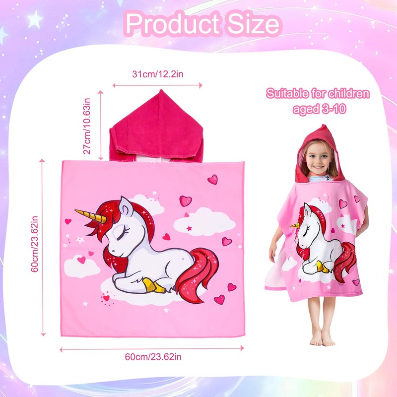 Uryxery Kids Hooded Poncho Towel - Pink Unicorn, 23.6×47.2in (60×120cm)