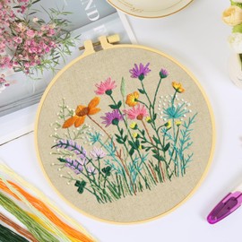 Embroidery Set Beginners, Flower Embroidery Set Adult Cross Stitch Pre-Printed Cross Stitch Starter Kit with Pattern, Embroidery Hoop, Colour Threads and Tools, for DIY Arts Crafts Sewing (Flowers)