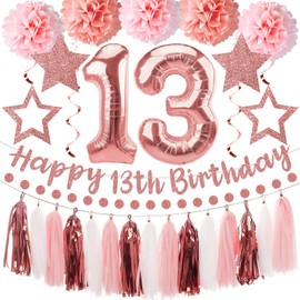 Kuxriox 13Pcs Happy 13th Birthday Decorations for Girls, Pink Rose Gold 13th Birthday Banner and Balloons, Glittery 13 Year Old Bday Tissue Pompoms, Circle Dots Garland, Tassel Garland Party Supplies