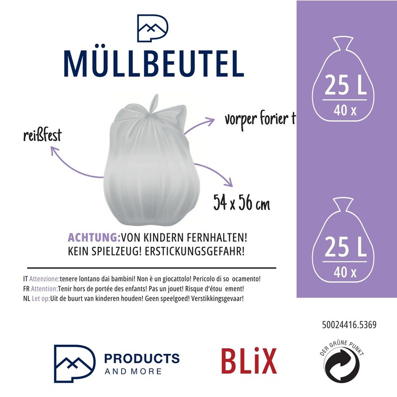 Müllbeutel 25L Weiß - 40x BLiX, Robuste Kunststoff Mülltüten, 54x56