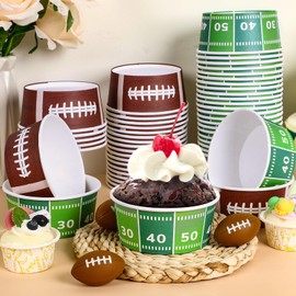 Qyeahkj 50pcs Large Football Party Snack Bowls Supplies Football Field and Rugby Serving Bowls 13.5oz Disposable Paper Football Chili Bowls Treat Cups Bucket for Game Day Football Birthday Party