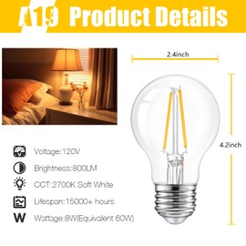 DAYBETTER 4 Pack LED Edison Bulbs, E26 LED Bulb 60W Equivalent, High Brightness 800 LM Warm White 2700K, A19 LED Filament Light Bulbs, Clear Glass Style for Home, Non-Dimmable
