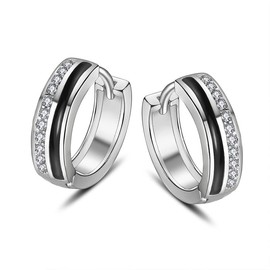 Silver Hoop Earrings for Women, Silver Black Hoops Earrings, Cubic Zirconia Huggie Hoops for Ladies Girls, 10mm Small Hoops Sleeper Earring