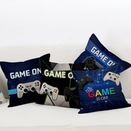 Aoihrraan 51x51cm set of 4 Cushion Covers Gamer Slogans Gamepad Blue Square Linen Decorative Throw Pillow Covers Boy Gaming Room Sofa Pillowcases Game Player Bedroom 20 x 20 Inch