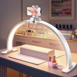 Uiopy Nail Half Moon Light - Professional White 29in Stable Moonlight with Phone Holder, 3 Light Colors 10 Brightness Adjustable for Salon & Home Manicure Station
