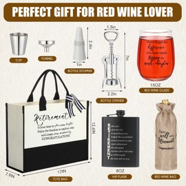 Teenyyou 8 Pcs Retirement Gifts for Women Christmas Include Retirement Tote Bag Red Wine Glass Hip Flask Wine Bag Bottle Opener Happy Retirement Gifts for Holiday Retired Friends Teacher Coworkers